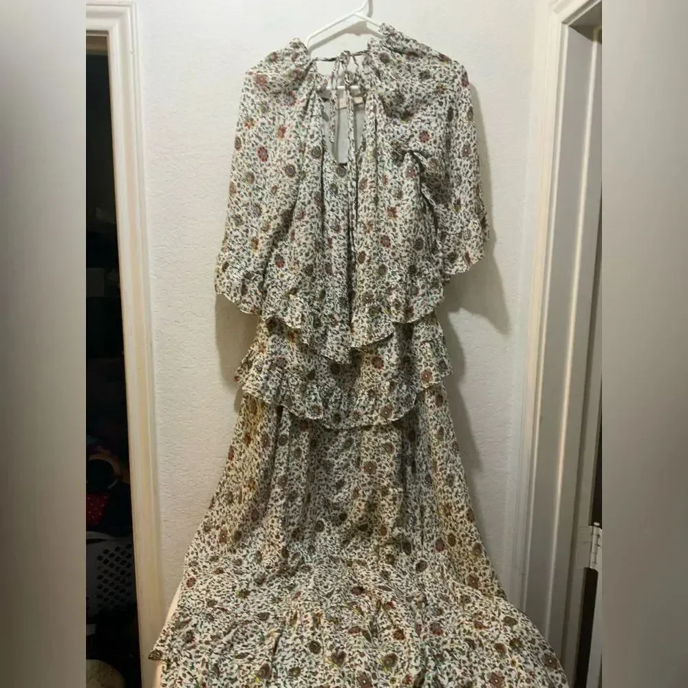 TORY BURCH Ivory Paisley Printed Ruffle Maxi Long Silk Dress 3/4 Sleeves NWOT